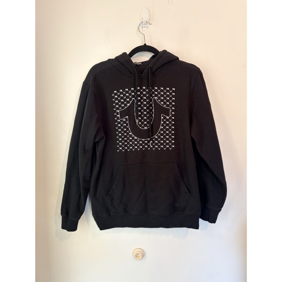 True Religion Raised Micro TR Hoodie Big Logo Mens Medium Black Pullover - Picture 1 of 5